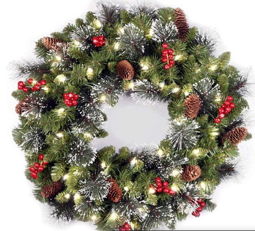 National Tree 24 Inch Wreath with Silver Bristles, Cones, Red Berries and 50 Battery Operated Warm White LED Lights with Timer